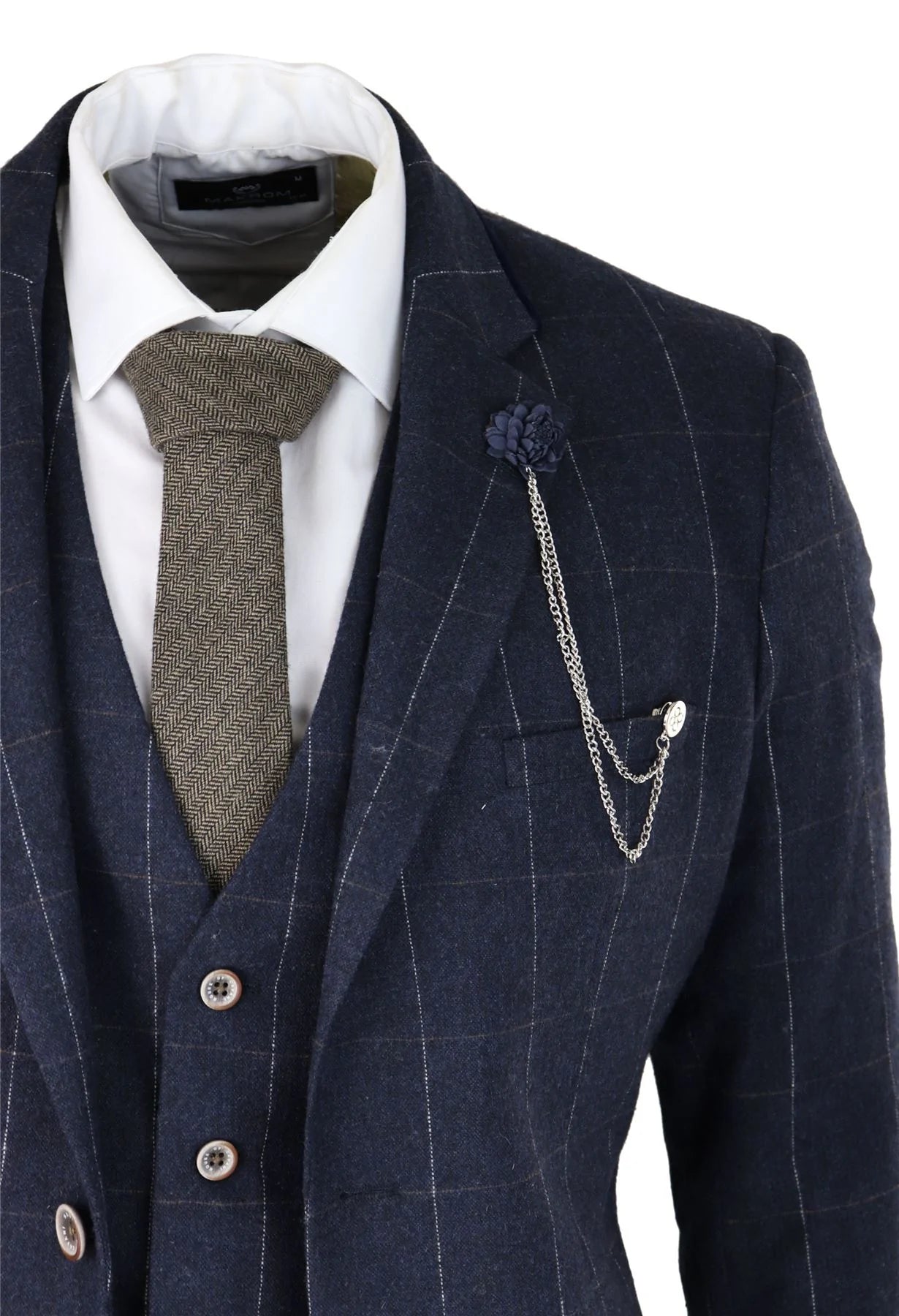 Traje de hombre de 3 piezas a cuadros azul marino, lana tweed, estilo clásico vintage de los años 20, corte entallado, ideal para bodas.