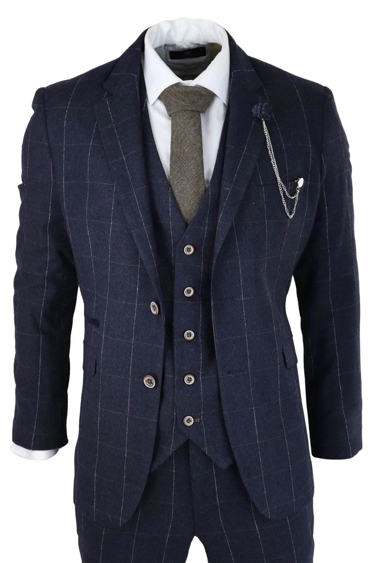 Traje de hombre de 3 piezas a cuadros azul marino, lana tweed, estilo clásico vintage de los años 20, corte entallado, ideal para bodas.