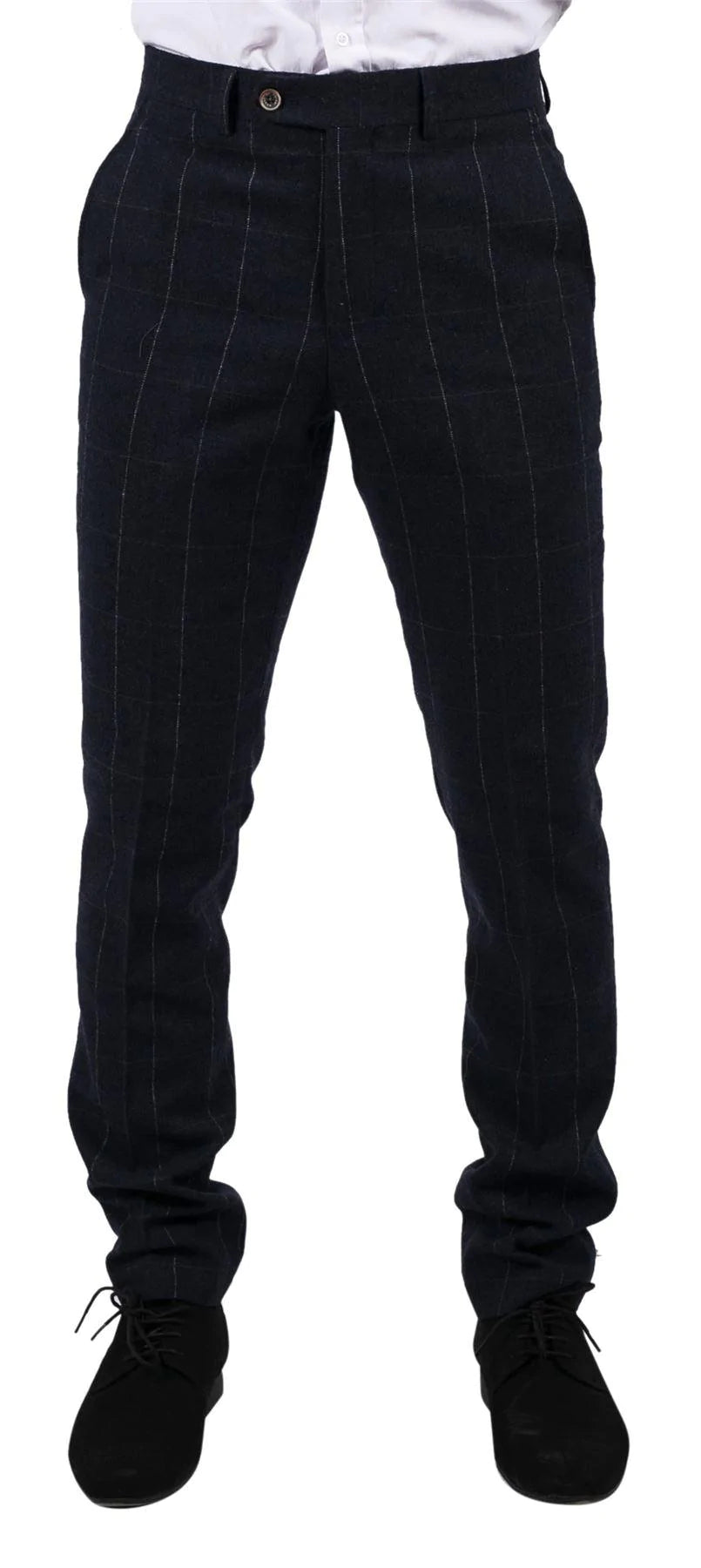 Pantalones de hombre azul marino a cuadros, de lana tweed, estilo clásico vintage de los años 20, corte entallado, ideales para bodas.