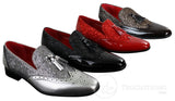 Zapatos elegantes de fiesta para hombre, brillantes, con borlas, en rojo, plateado y negro, sin cordones, de charol.