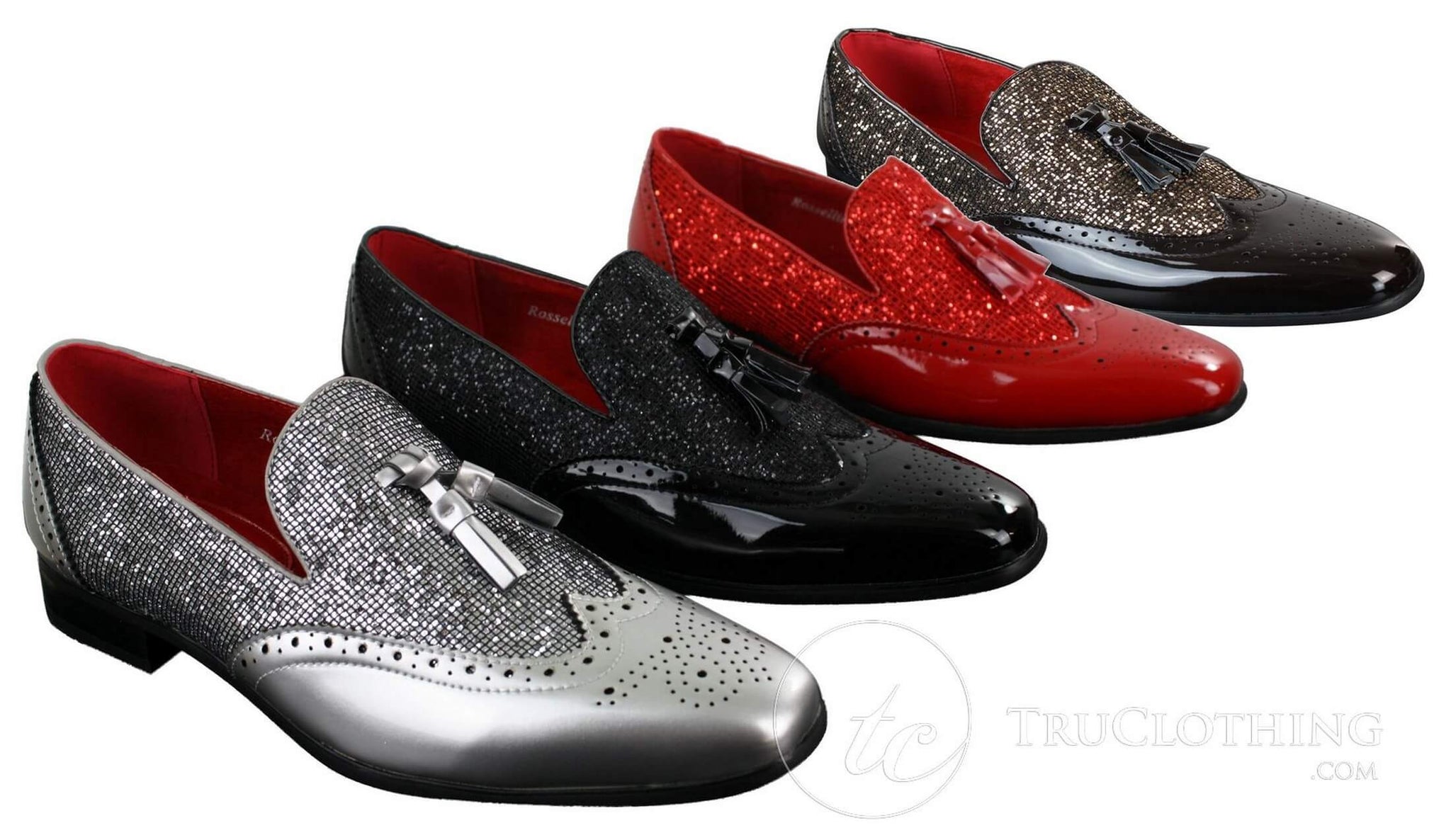 Zapatos elegantes de fiesta para hombre, brillantes, con borlas, en rojo, plateado y negro, sin cordones, de charol.