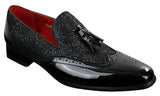 Zapatos elegantes de fiesta para hombre, brillantes, con borlas, en rojo, plateado y negro, sin cordones, de charol.