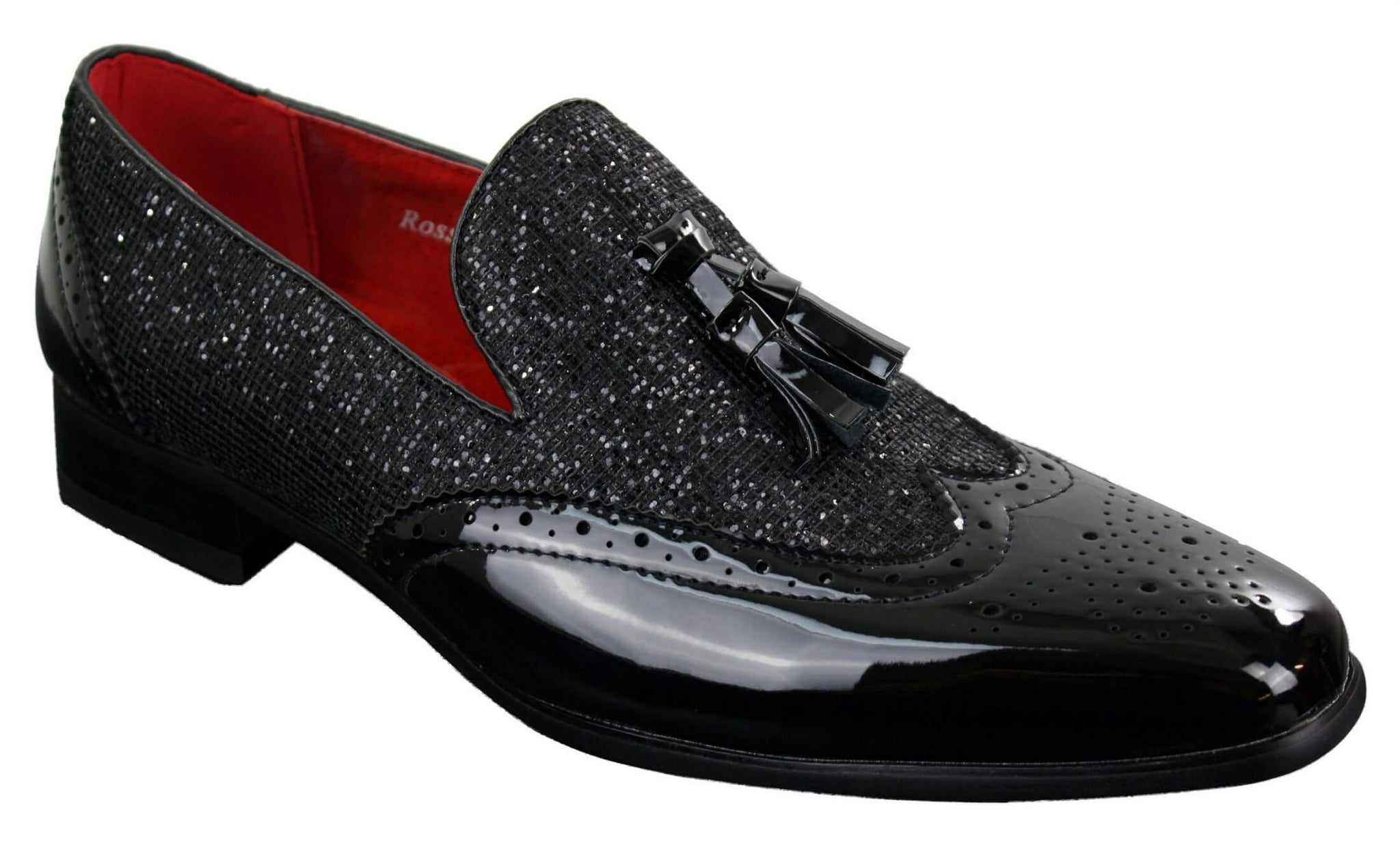 Zapatos elegantes de fiesta para hombre, brillantes, con borlas, en rojo, plateado y negro, sin cordones, de charol.