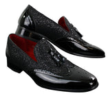 Zapatos elegantes de fiesta para hombre, brillantes, con borlas, en rojo, plateado y negro, sin cordones, de charol.