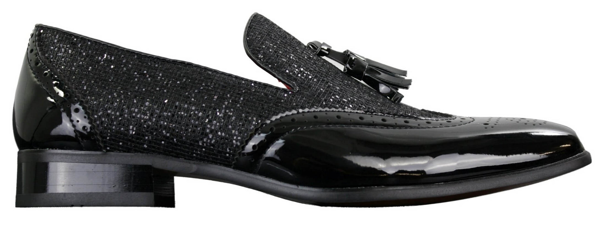 Zapatos elegantes de fiesta para hombre, brillantes, con borlas, en rojo, plateado y negro, sin cordones, de charol.