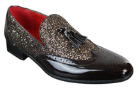 Zapatos elegantes de fiesta para hombre, brillantes, con borlas, en rojo, plateado y negro, sin cordones, de charol.