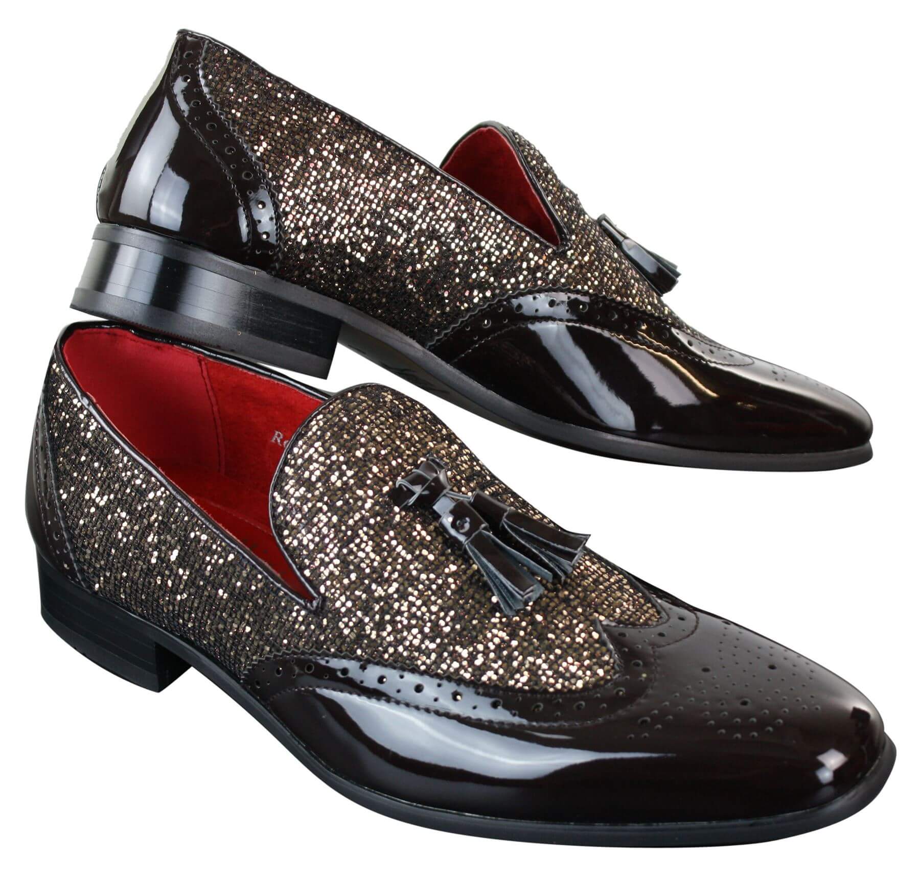 Zapatos elegantes de fiesta para hombre, brillantes, con borlas, en rojo, plateado y negro, sin cordones, de charol.
