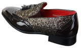 Zapatos elegantes de fiesta para hombre, brillantes, con borlas, en rojo, plateado y negro, sin cordones, de charol.