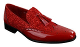 Zapatos elegantes de fiesta para hombre, brillantes, con borlas, en rojo, plateado y negro, sin cordones, de charol.