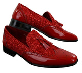 Zapatos elegantes de fiesta para hombre, brillantes, con borlas, en rojo, plateado y negro, sin cordones, de charol.