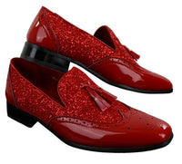 Zapatos elegantes de fiesta para hombre, brillantes, con borlas, en rojo, plateado y negro, sin cordones, de charol.