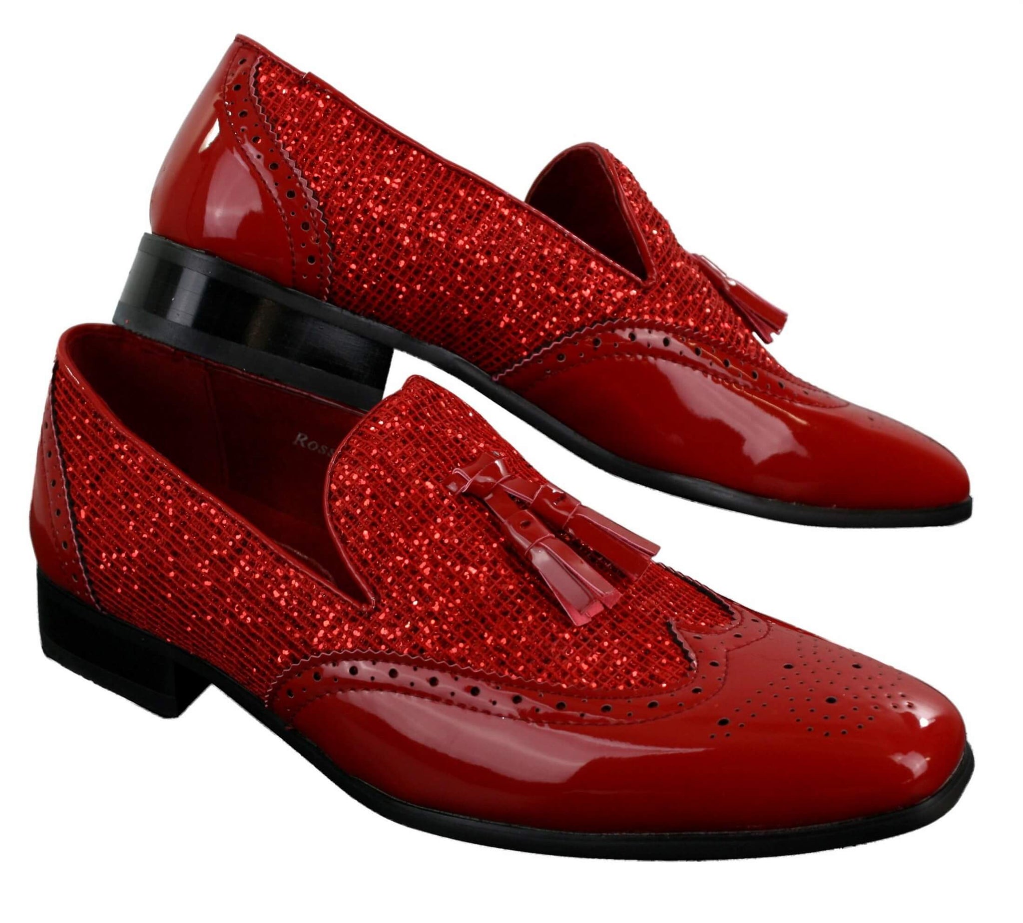 Zapatos elegantes de fiesta para hombre, brillantes, con borlas, en rojo, plateado y negro, sin cordones, de charol.