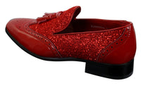 Zapatos elegantes de fiesta para hombre, brillantes, con borlas, en rojo, plateado y negro, sin cordones, de charol.