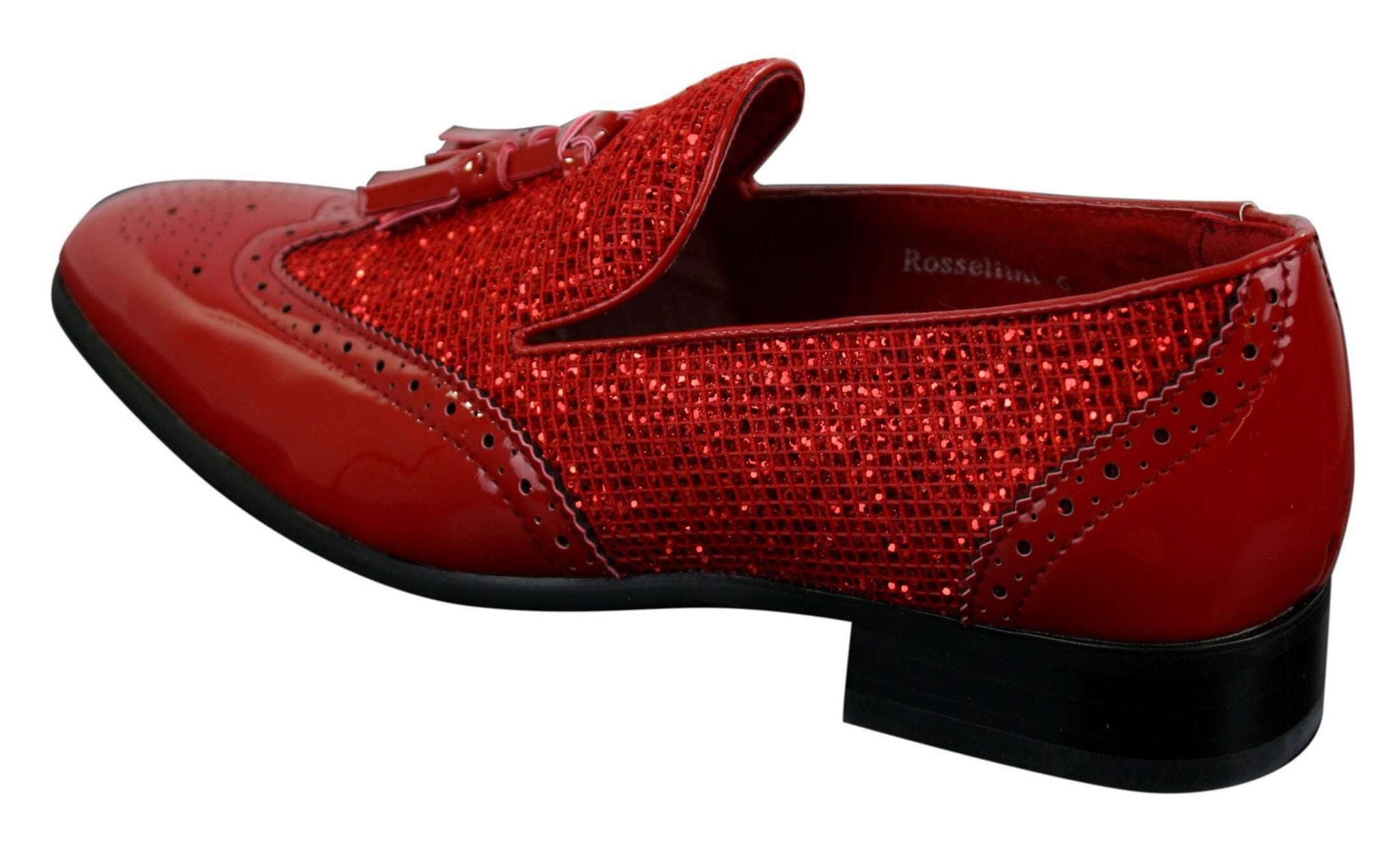 Zapatos elegantes de fiesta para hombre, brillantes, con borlas, en rojo, plateado y negro, sin cordones, de charol.