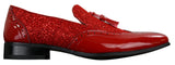 Zapatos elegantes de fiesta para hombre, brillantes, con borlas, en rojo, plateado y negro, sin cordones, de charol.