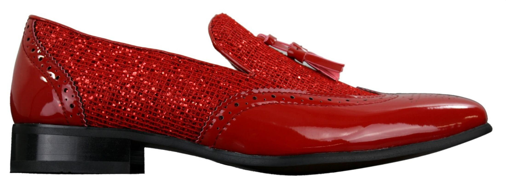 Zapatos elegantes de fiesta para hombre, brillantes, con borlas, en rojo, plateado y negro, sin cordones, de charol.