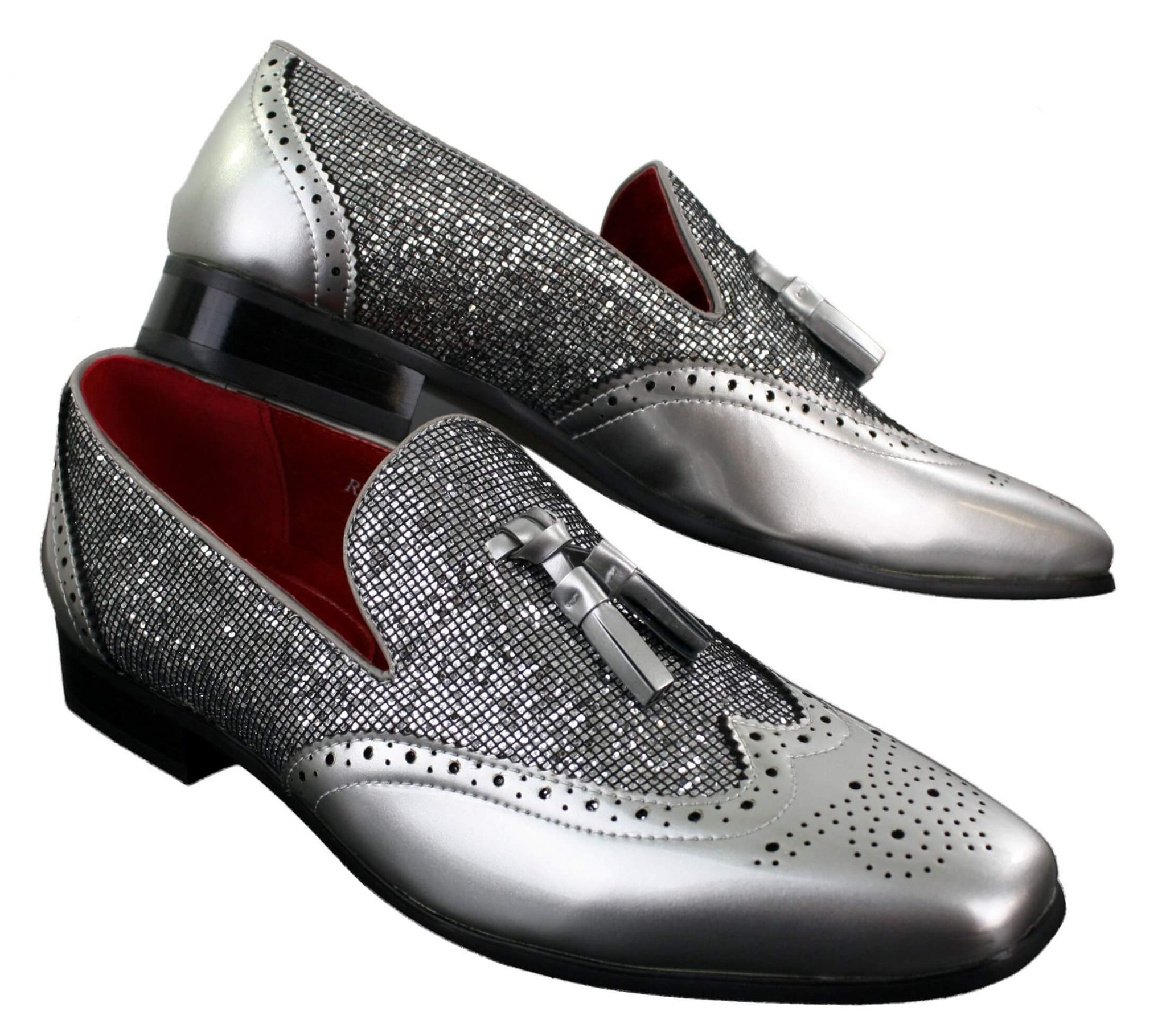 Zapatos elegantes de fiesta para hombre, brillantes, con borlas, en rojo, plateado y negro, sin cordones, de charol.