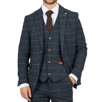 Archer - Blazer de tweed azul marino a cuadros con estampado de espiga para hombre
