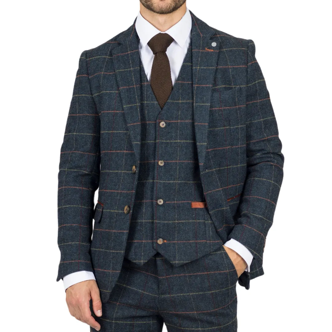 Archer - Blazer de tweed azul marino a cuadros con estampado de espiga para hombre