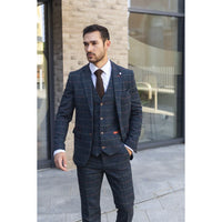 Archer - Blazer de tweed azul marino a cuadros con estampado de espiga para hombre
