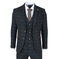 Archer - Blazer de tweed azul marino a cuadros con estampado de espiga para hombre