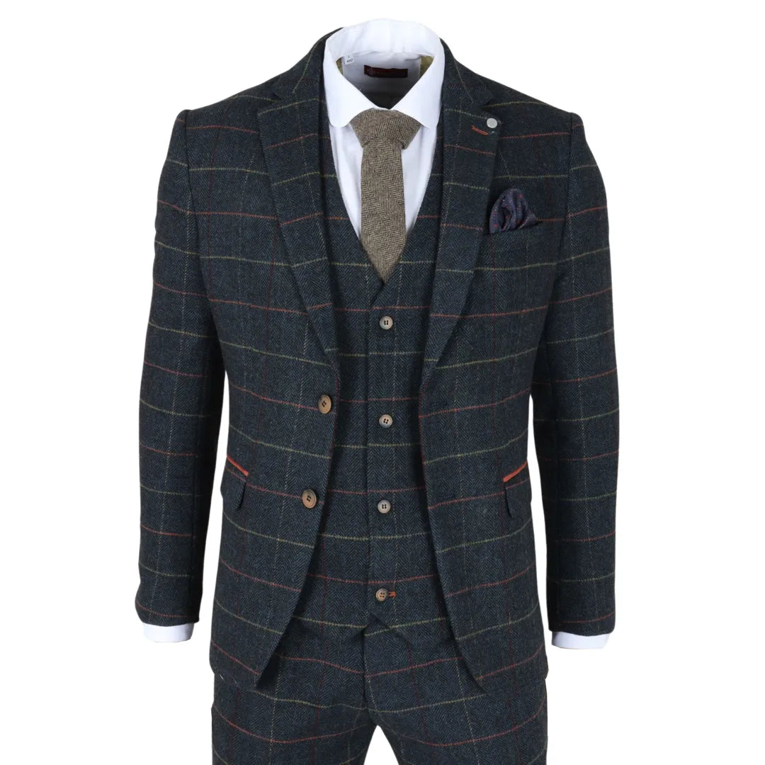 Archer - Blazer de tweed azul marino a cuadros con estampado de espiga para hombre