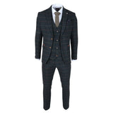 Traje de tres piezas de tweed azul marino a cuadros con estampado de espiga para hombre de Archer.