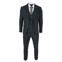 Traje de tres piezas de tweed azul marino a cuadros con estampado de espiga para hombre de Archer.
