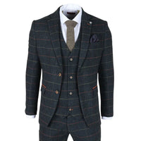 Traje de tres piezas de tweed azul marino a cuadros con estampado de espiga para hombre de Archer.