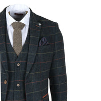 Traje de tres piezas de tweed azul marino a cuadros con estampado de espiga para hombre de Archer.