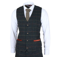 Traje de tres piezas de tweed azul marino a cuadros con estampado de espiga para hombre de Archer.