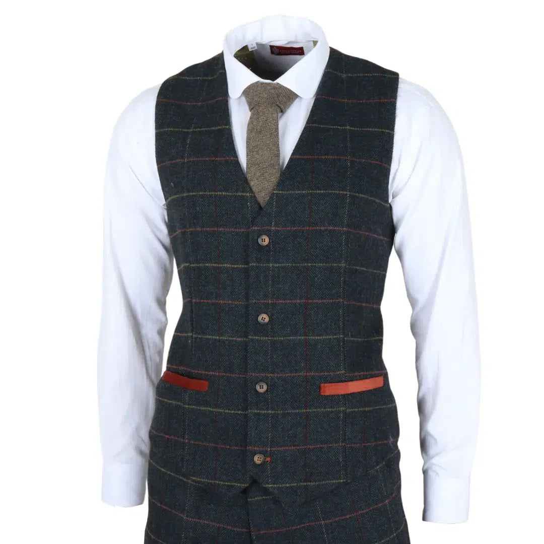 Traje de tres piezas de tweed azul marino a cuadros con estampado de espiga para hombre de Archer.