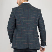 Traje de tres piezas de tweed azul marino a cuadros con estampado de espiga para hombre de Archer.