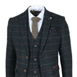 Traje de tres piezas de tweed azul marino a cuadros con estampado de espiga para hombre de Archer.