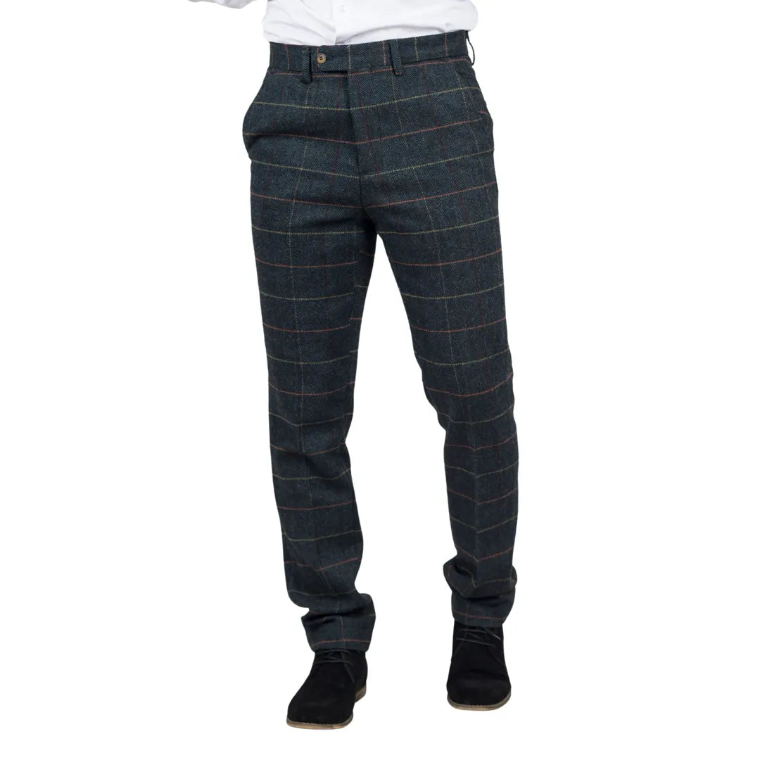 Archer - Pantalones de tweed azul marino a cuadros con estampado de espiga para hombre