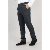 Archer - Pantalones de tweed azul marino a cuadros con estampado de espiga para hombre