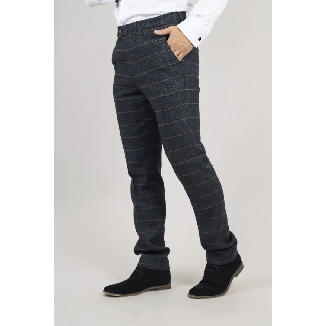 Archer - Pantalones de tweed azul marino a cuadros con estampado de espiga para hombre