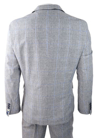 Traje de verano de 3 piezas para hombre, gris a cuadros, azul y negro, corte entallado, clásico, para bodas y ocasiones formales.