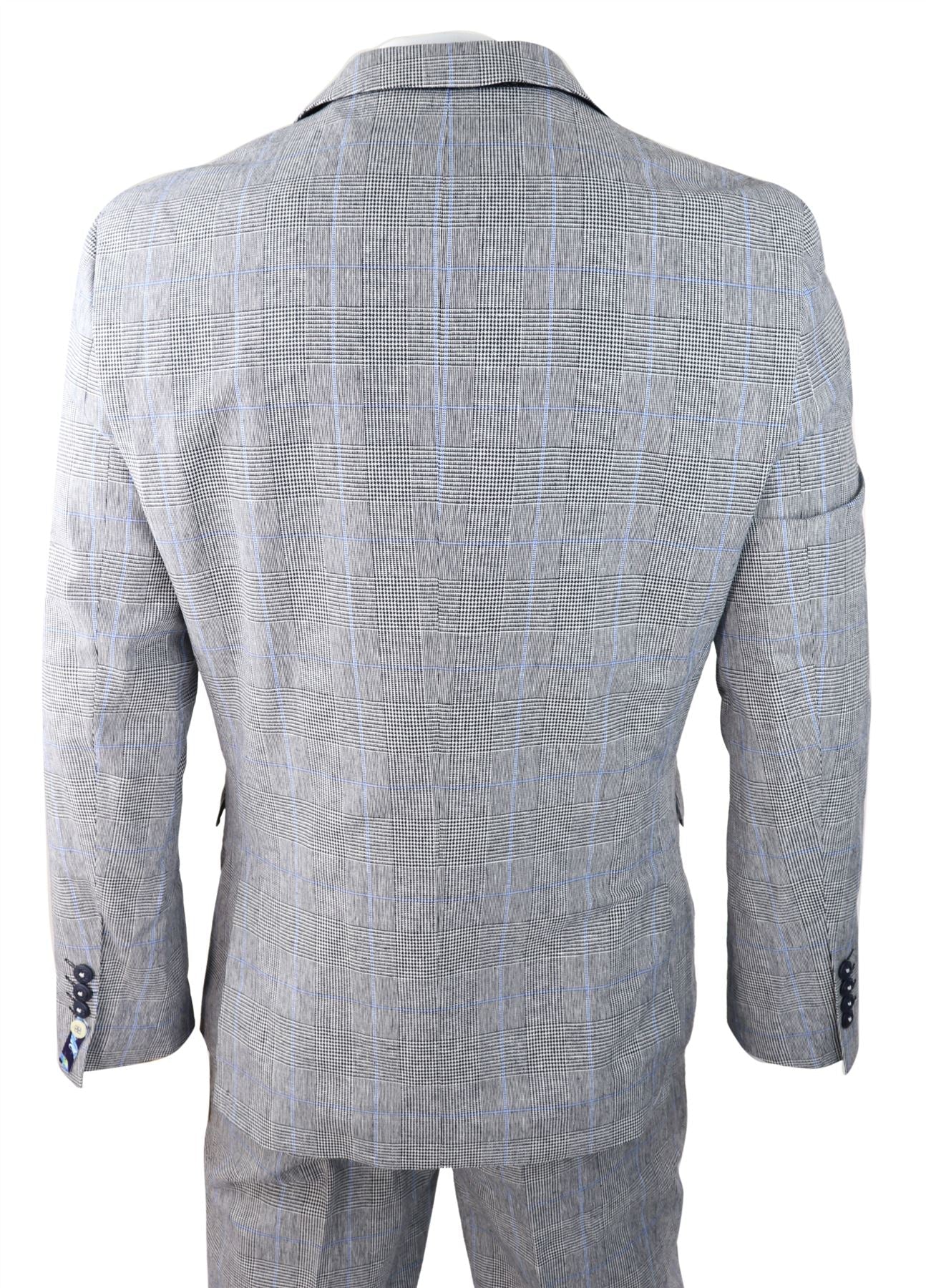 Traje de verano de 3 piezas para hombre, gris a cuadros, azul y negro, corte entallado, clásico, para bodas y ocasiones formales.