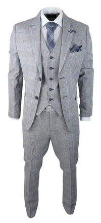 Traje de verano de 3 piezas para hombre, gris a cuadros, azul y negro, corte entallado, clásico, para bodas y ocasiones formales.