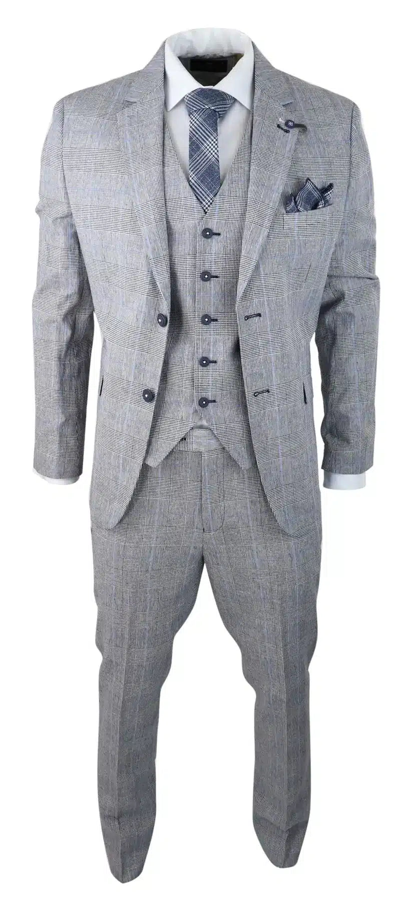 Traje de verano de 3 piezas para hombre, gris a cuadros, azul y negro, corte entallado, clásico, para bodas y ocasiones formales.