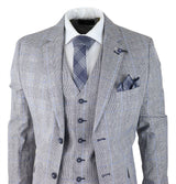 Traje de verano de 3 piezas para hombre, gris a cuadros, azul y negro, corte entallado, clásico, para bodas y ocasiones formales.