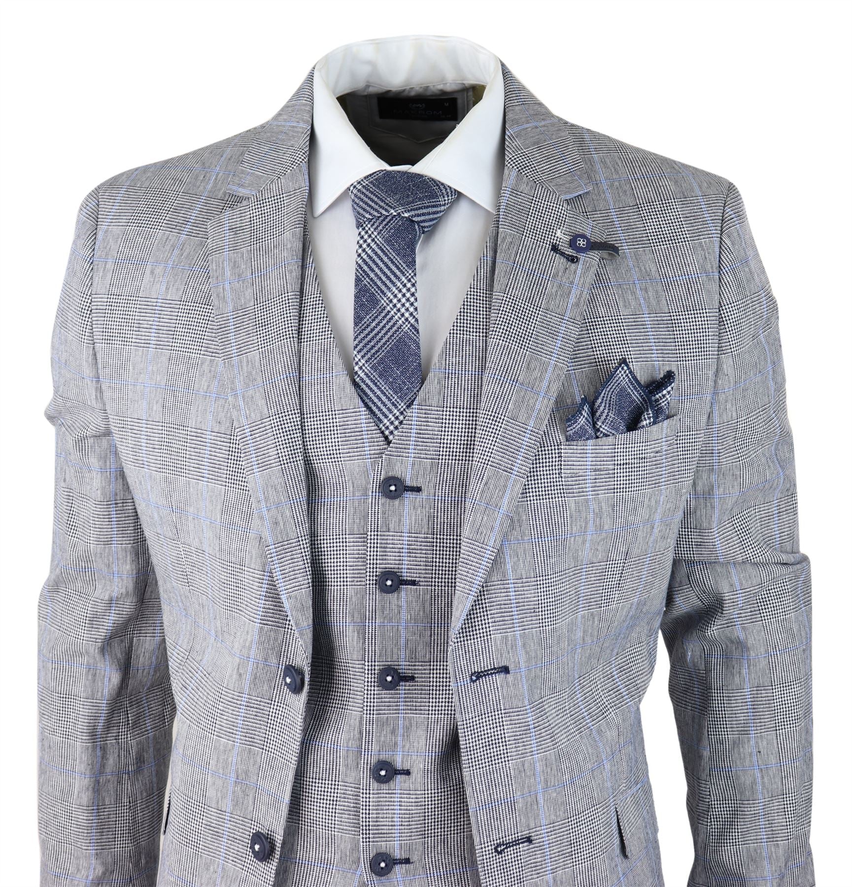 Traje de verano de 3 piezas para hombre, gris a cuadros, azul y negro, corte entallado, clásico, para bodas y ocasiones formales.