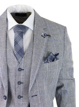 Traje de verano de 3 piezas para hombre, gris a cuadros, azul y negro, corte entallado, clásico, para bodas y ocasiones formales.