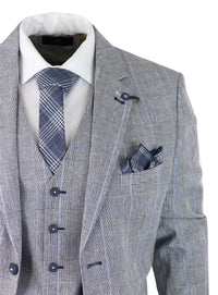 Traje de verano de 3 piezas para hombre, gris a cuadros, azul y negro, corte entallado, clásico, para bodas y ocasiones formales.