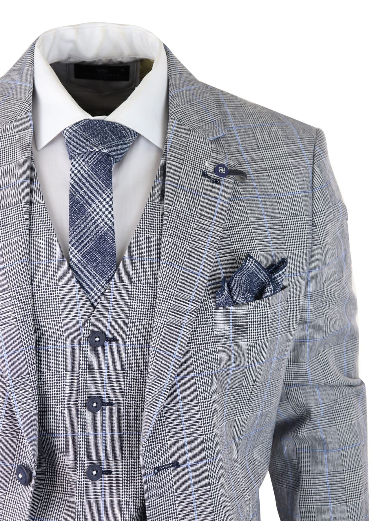 Traje de verano de 3 piezas para hombre, gris a cuadros, azul y negro, corte entallado, clásico, para bodas y ocasiones formales.