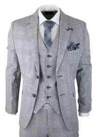 Traje de verano de 3 piezas para hombre, gris a cuadros, azul y negro, corte entallado, clásico, para bodas y ocasiones formales.