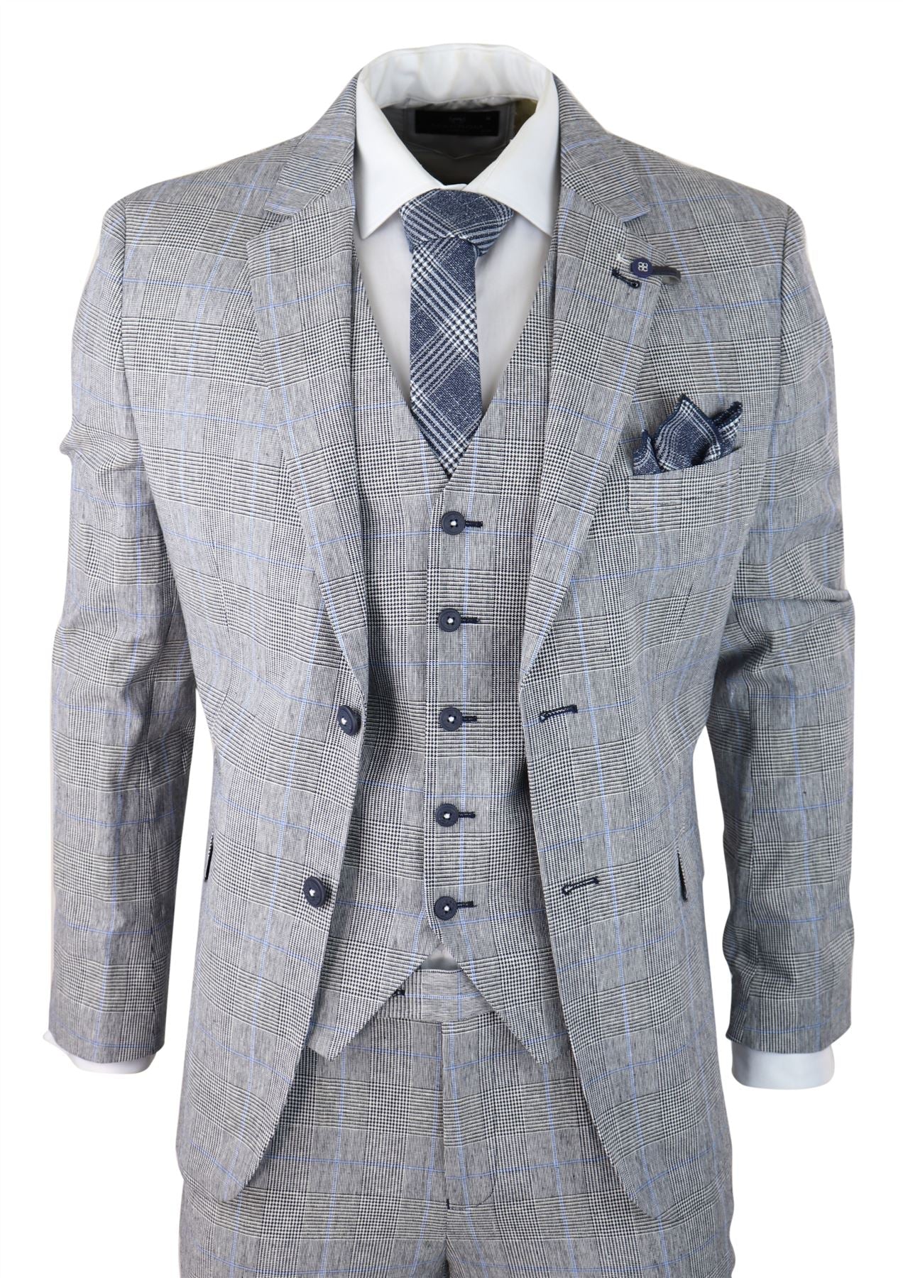 Traje de verano de 3 piezas para hombre, gris a cuadros, azul y negro, corte entallado, clásico, para bodas y ocasiones formales.