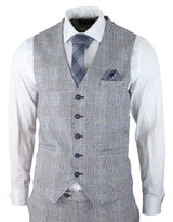 Traje de verano de 3 piezas para hombre, gris a cuadros, azul y negro, corte entallado, clásico, para bodas y ocasiones formales.