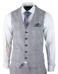 Traje de verano de 3 piezas para hombre, gris a cuadros, azul y negro, corte entallado, clásico, para bodas y ocasiones formales.